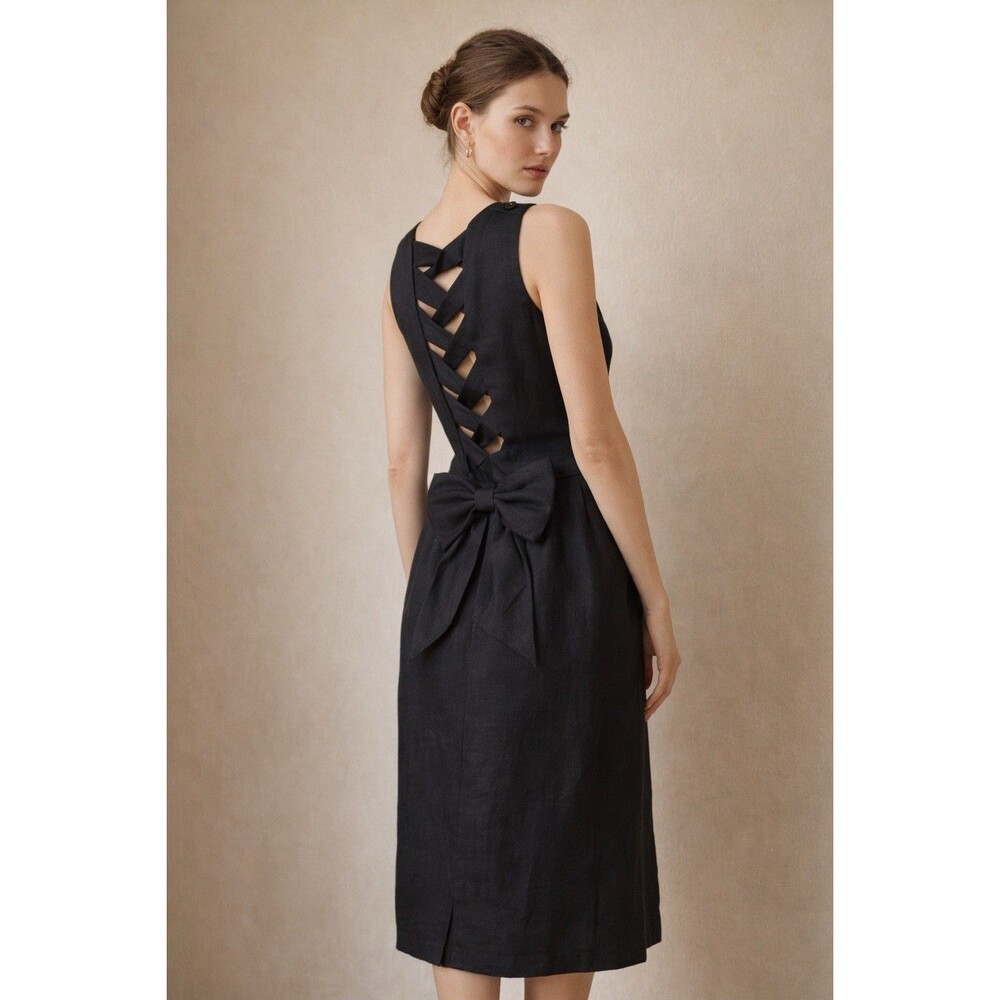 Nipon Boutique 100% Linen Dress Lattice Back Bow Sleeveless Black Vintage 80s